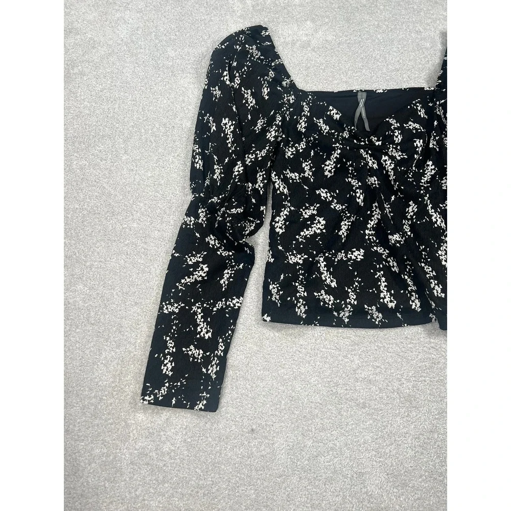 Anthropologie Blouse L Black Floral Puff Sleeve Sweetheart Crop Romantic Boho